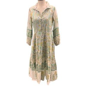 SUE SATOR Green & Cream Floral Ruffled Tiered Sundress w Bishop Sleeves - Size S